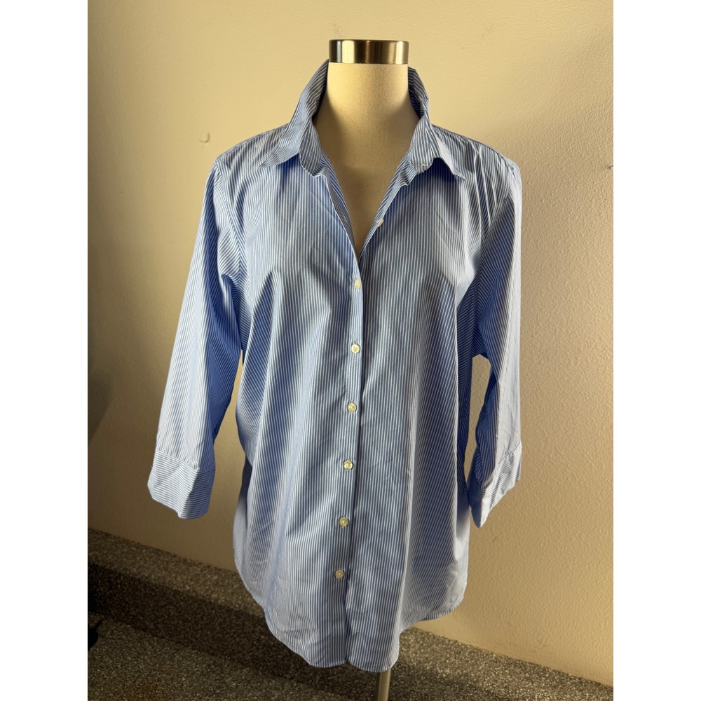 Lands End Womens 20W Blue White Pinstripe Wrinkle Free Broadcloth Button Down